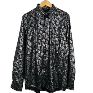 NEW! Fried Denim Button Down Dress Shirt Long Sleeve Black Silver Metallic - XL